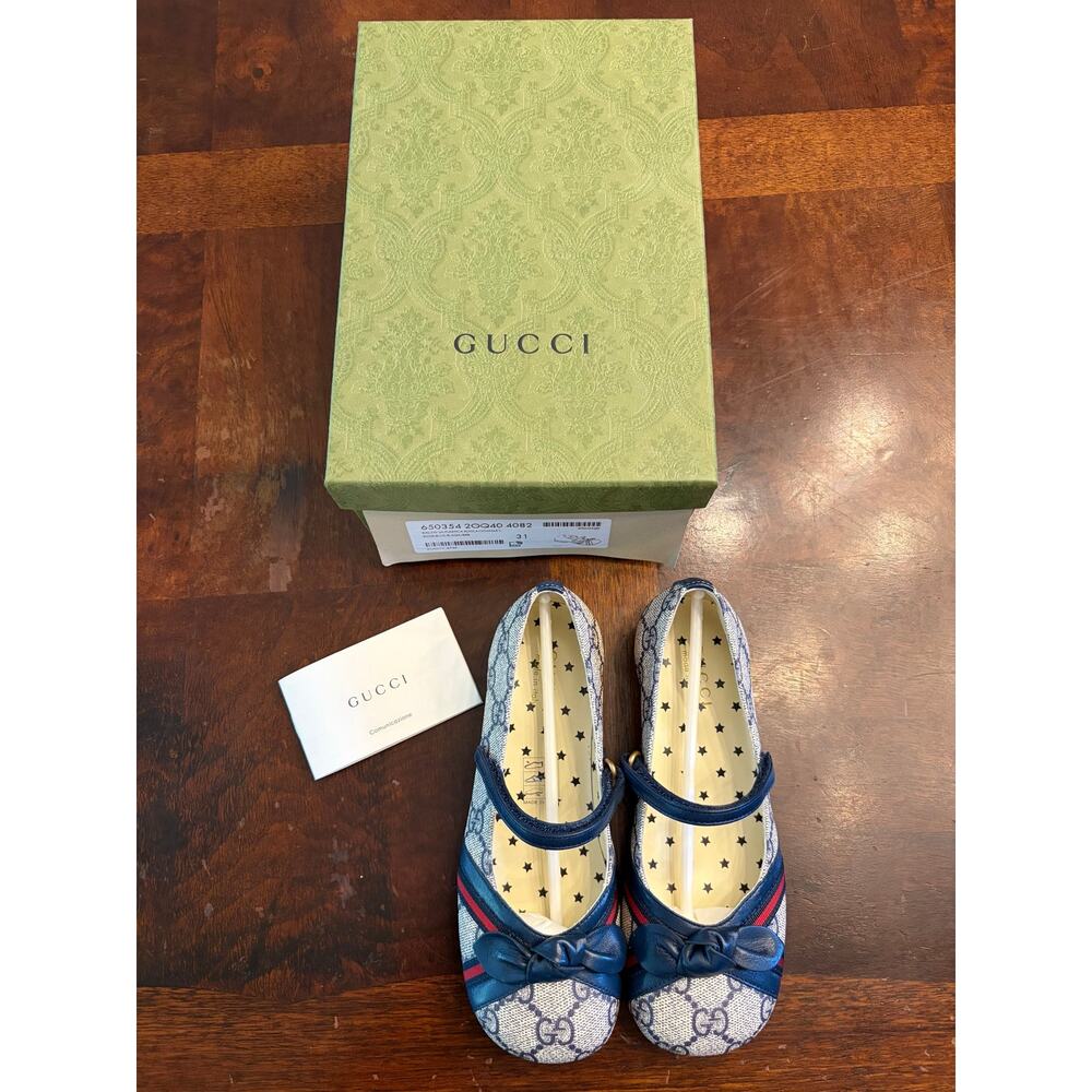 Gucci Girls GG Canvas Mary Jane Ballet Flats Sz 31 Blue Bow Preowned